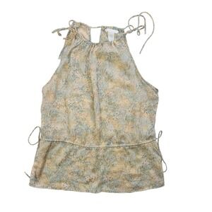 H&M Women XS Halter Neck Top Abstract Grass Print Tan Blue Side Tie Peplum Tank